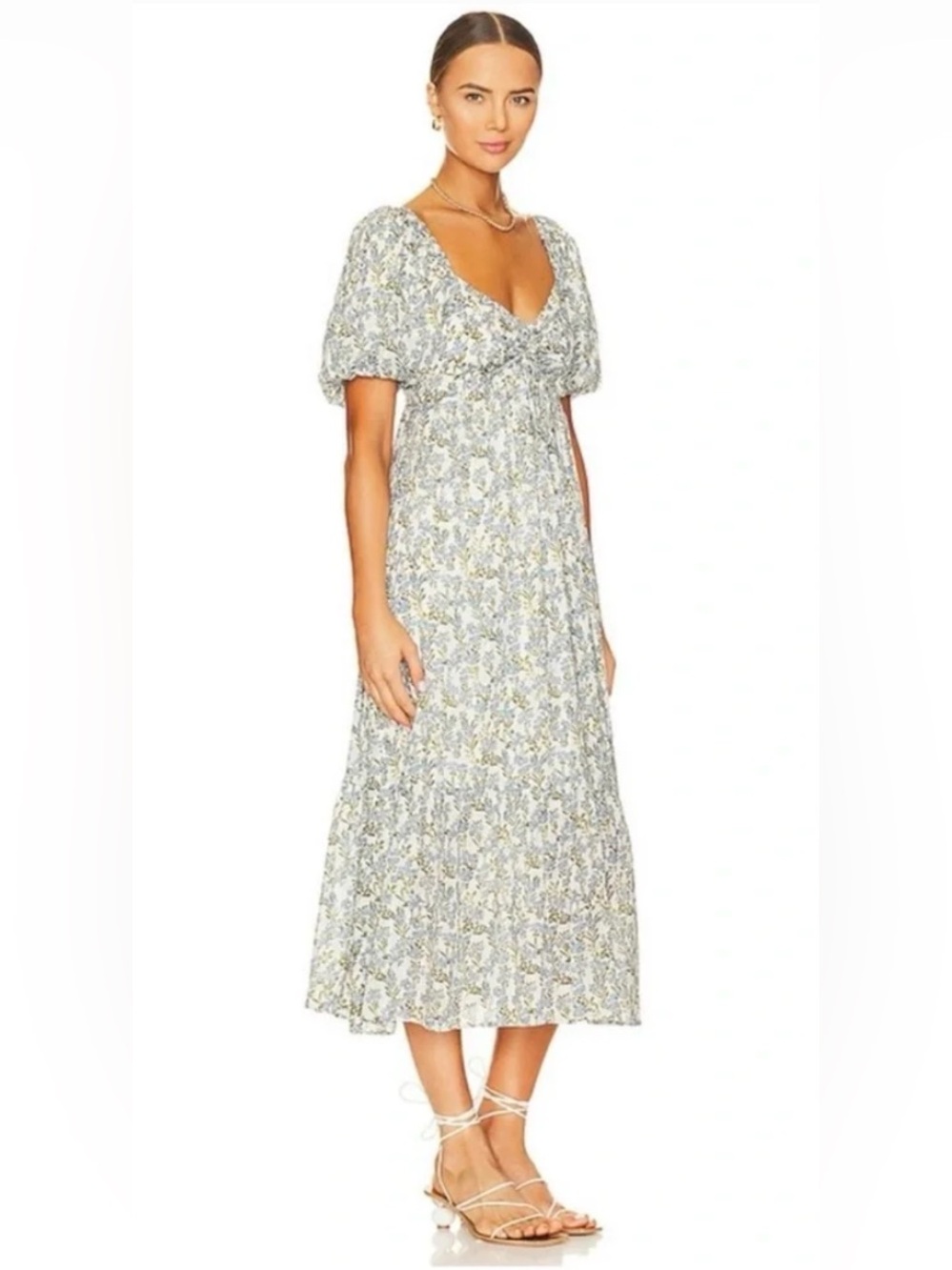 MINKPINK Juniper Midi Dress in Blue Floral Puff-Sleeve (S)